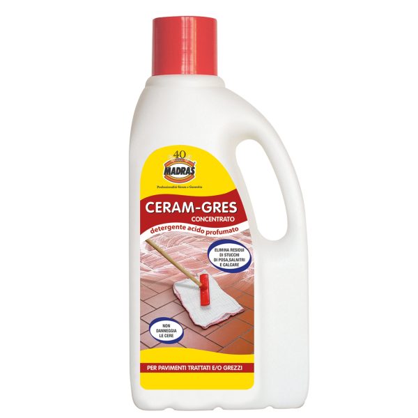 Ceram-Gres: Detergente acido per pavimenti resistenti, grezzi o trattati, per interni ed esterni.