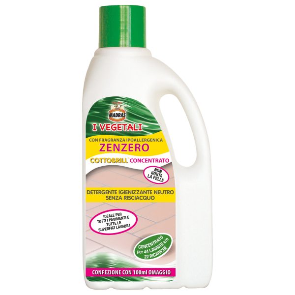 Cottobrill è un detergente neutro, ecologico, biodegradabile e con profumo allo zenzero ipoallergenico, ideale per cotto e pietre trattati.
