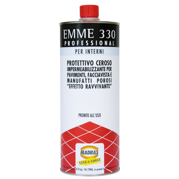 EMME 330 è un protettivo ceroso impermeabilizzante effetto ravvivante. Per pavimenti, facciavista e manufatti porosi. Pronto all'uso.