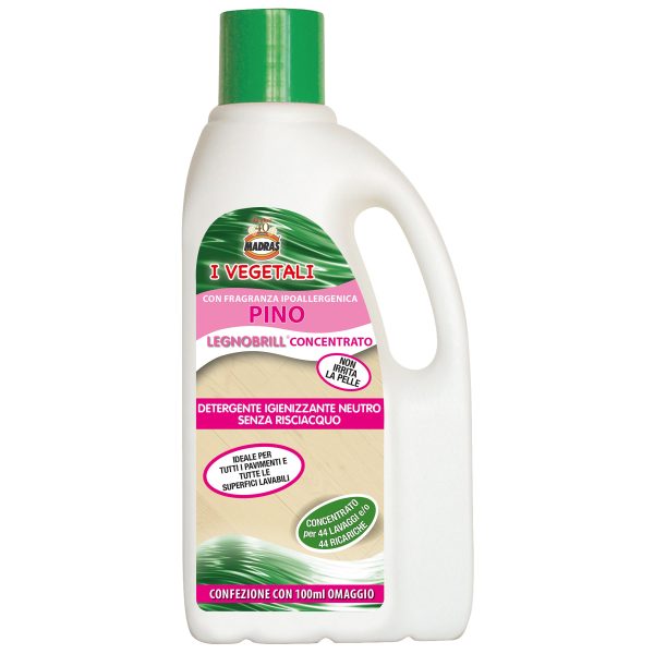 Legnobrill: detergente igienizzante, neutro, con fragranza al pino ipoallergenica per pavimenti in legno e parquet.